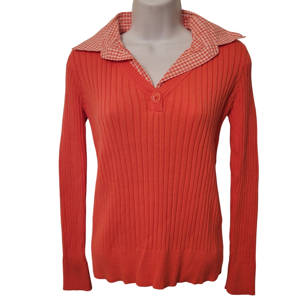 IZOD Pink‎ Orange Ribbed V Neck Button Collar Gingham Shirt Sweater S Academia